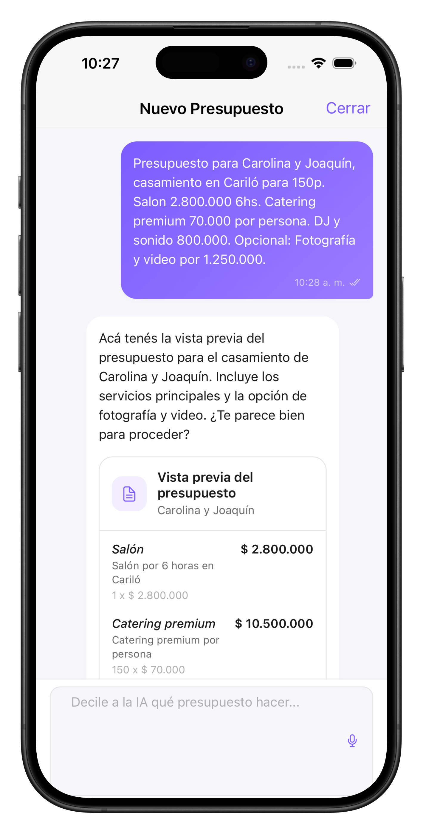 Pantalla de creación de presupuesto con la IA de Prio