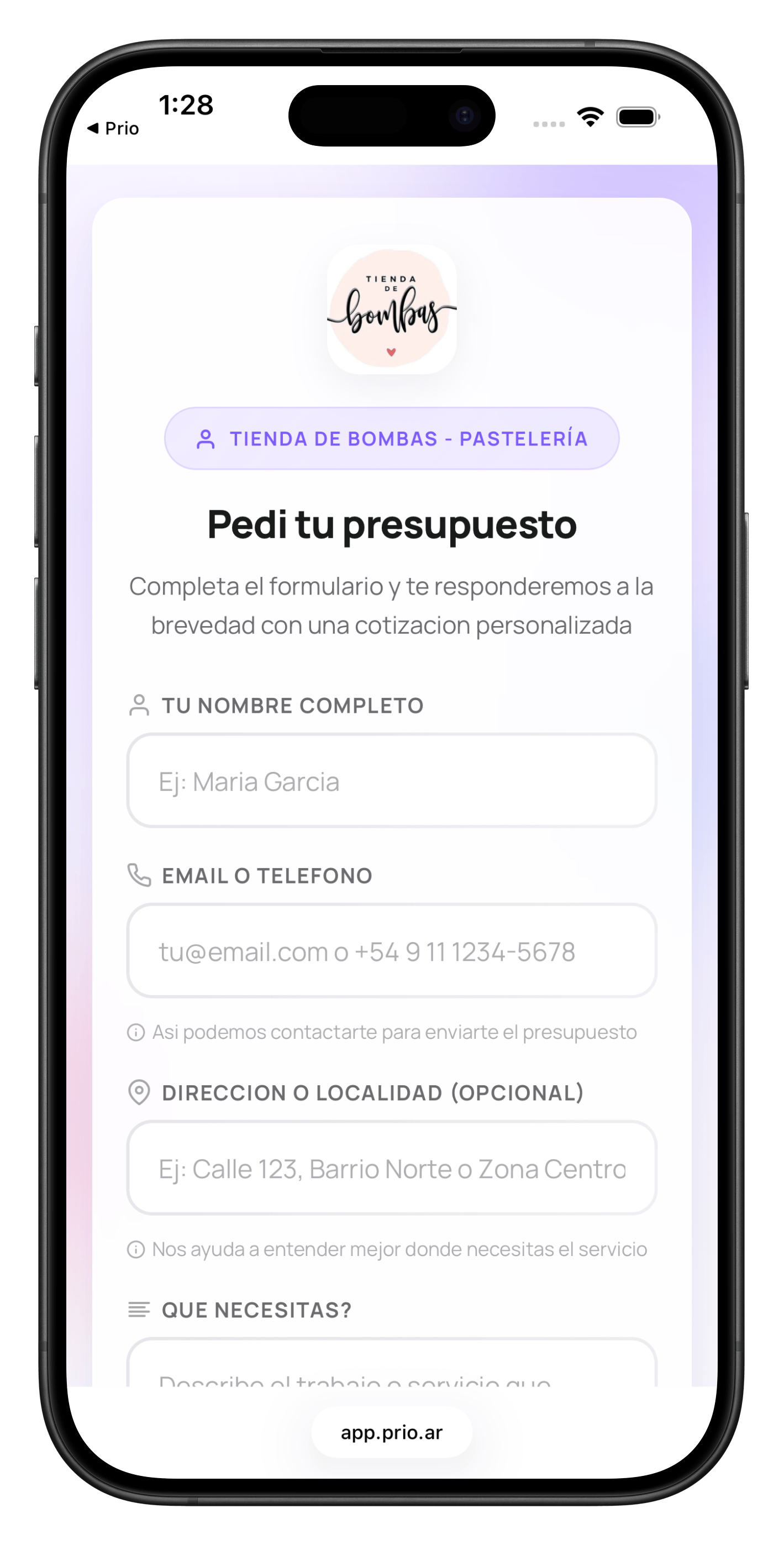 Formulario público de presupuesto con tu marca