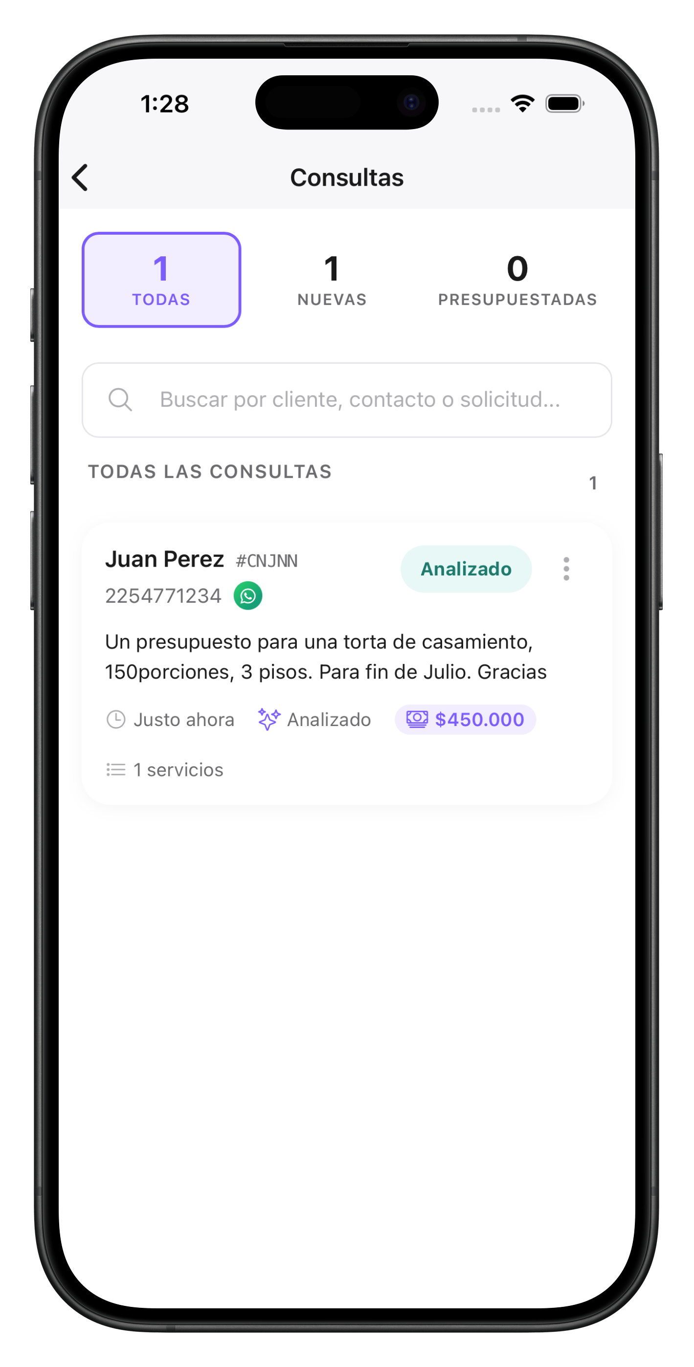 Inbox de consultas con estados y análisis de IA